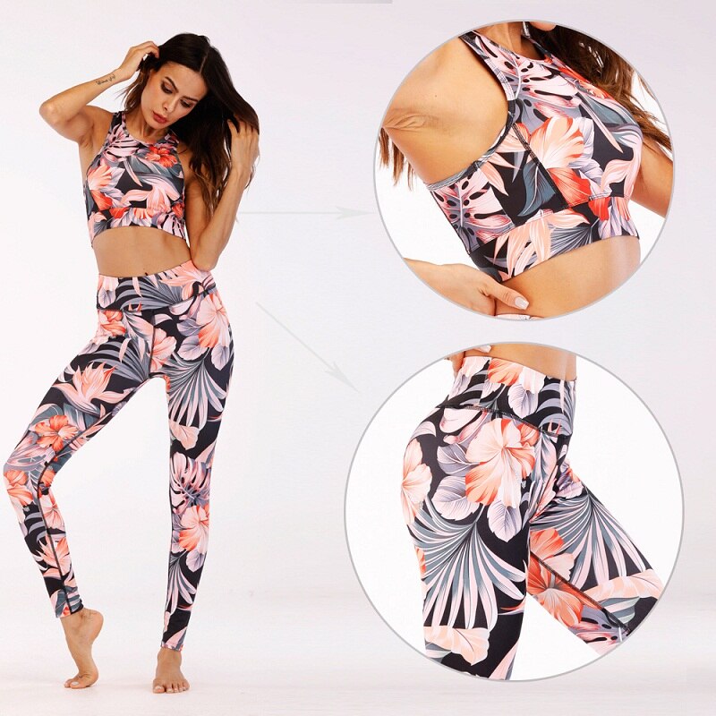 Floral Print Yoga Sports Suit 2peice Top Legging